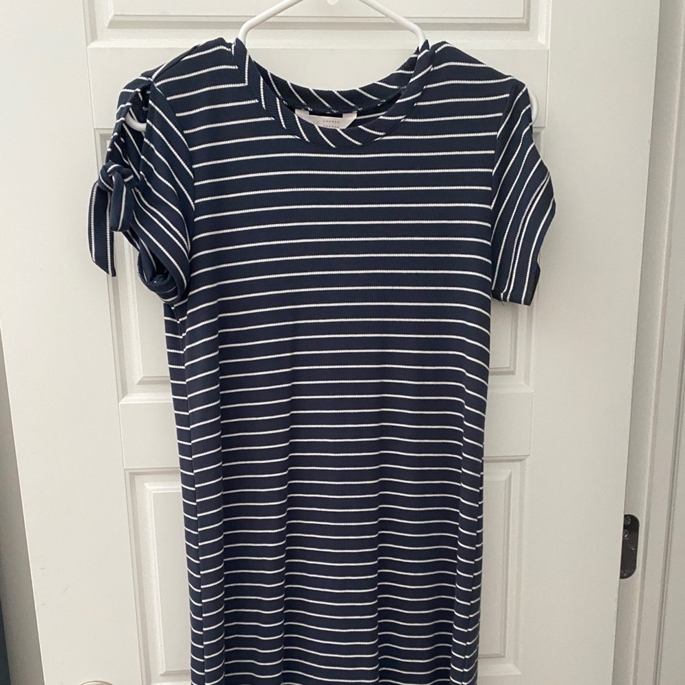 navy blue and white striped dress